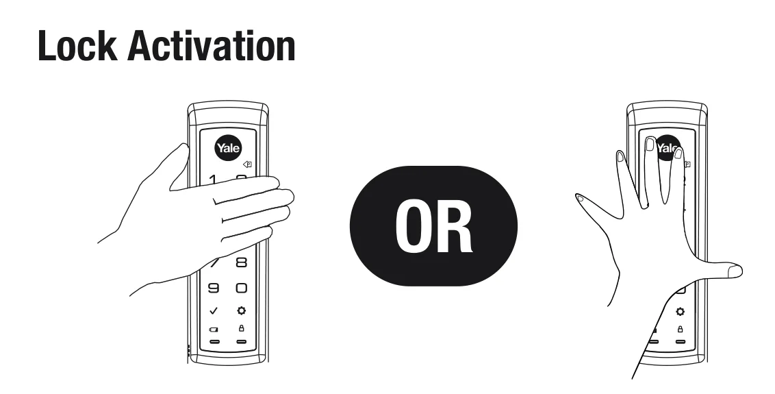 Diagram: place palm over the lock or touch the keypad to lock