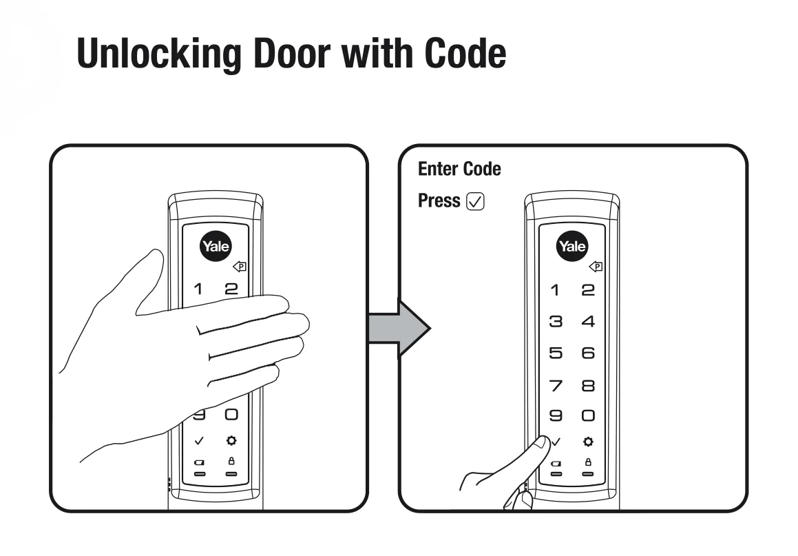 Diagram: place palm over lock, then enter code and press check